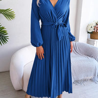 Women Elegant V Neck Long Sleeve Pleated Maxi Dress