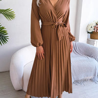 Women Elegant V Neck Long Sleeve Pleated Maxi Dress