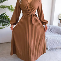 Women Elegant V Neck Long Sleeve Pleated Maxi Dress