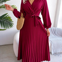 Women Elegant V Neck Long Sleeve Pleated Maxi Dress