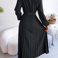 Women Elegant V Neck Long Sleeve Pleated Maxi Dress