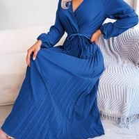 Women Elegant V Neck Long Sleeve Pleated Maxi Dress