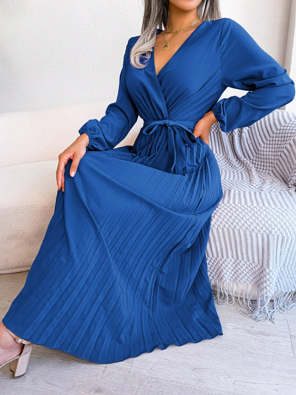 Women Elegant V Neck Long Sleeve Pleated Maxi Dress