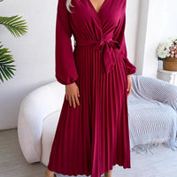 Women Elegant V Neck Long Sleeve Pleated Maxi Dress