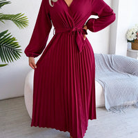 Women Elegant V Neck Long Sleeve Pleated Maxi Dress