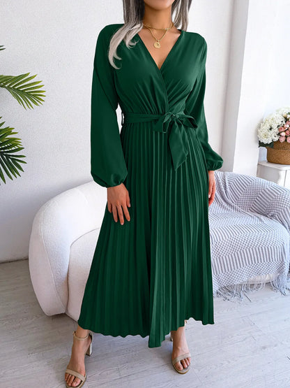 Women Elegant V Neck Long Sleeve Pleated Maxi Dress